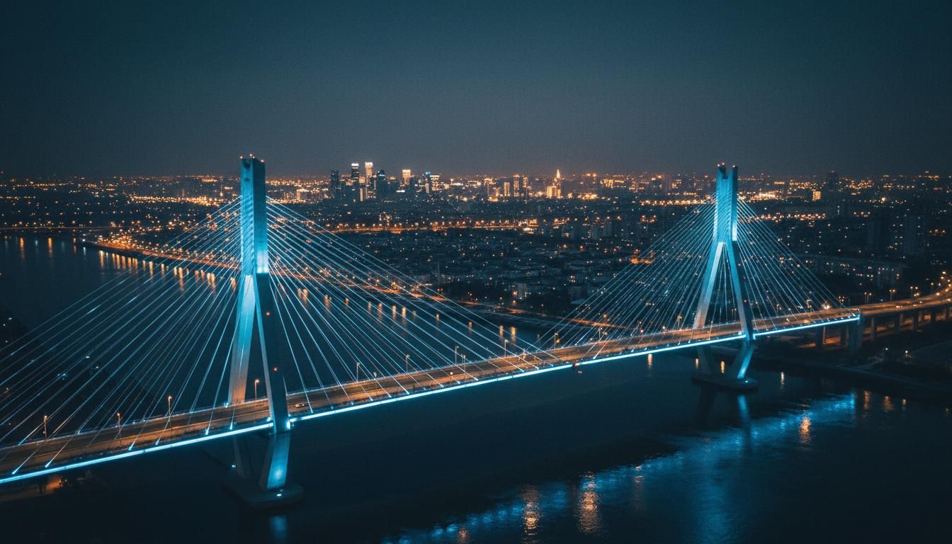 A cable stayed bridge lit up over a river at night
