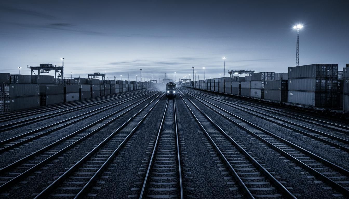 Freight rail lines running into a container terminal at dusk