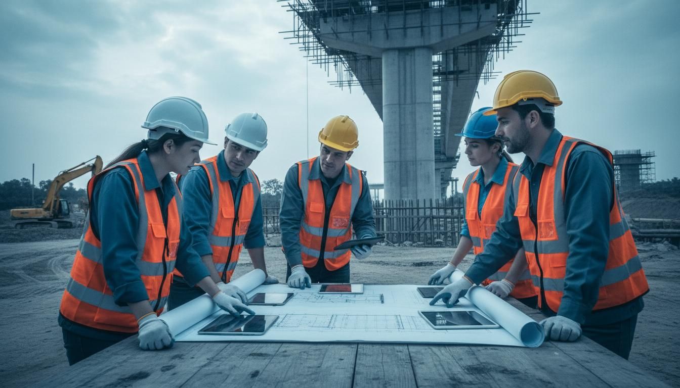 Engineers in hard hats reviewing drawings beneath a highway flyover under construction